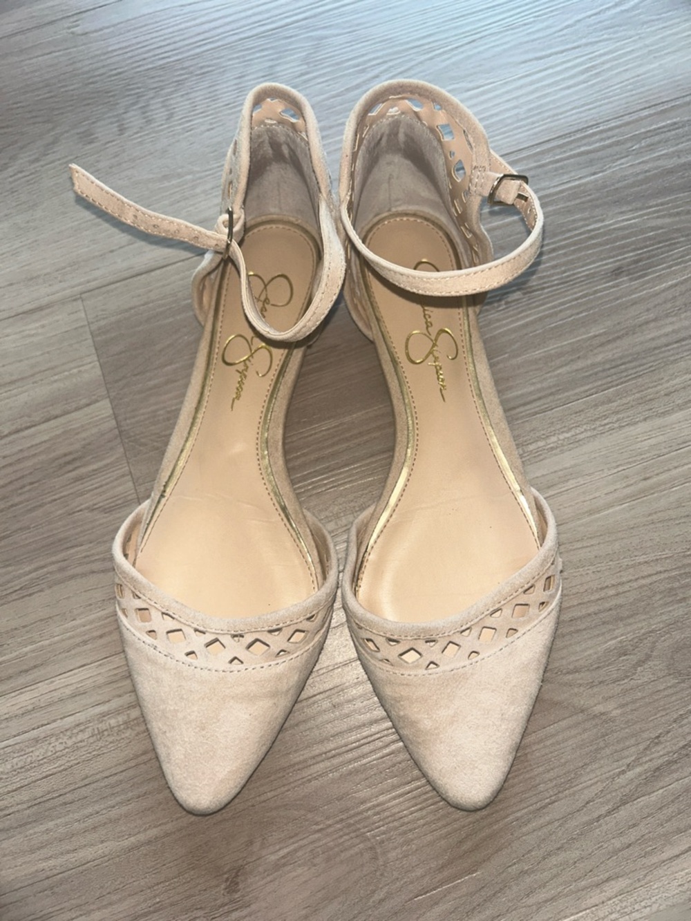 Jessica Simpson Zuka2 Ankle Strap Flats 8 Tan Lattice Pointed Toe Casual